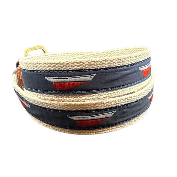 Leather Man Ltd. Belt Mens Size 42 Navy Leather Brass Buckle Woven Sailboat - Picture 1 of 16